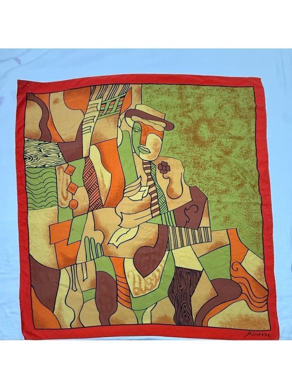 Picasso Style Art Scarf 33x35 Abstract Print Red Border Boho Wrap